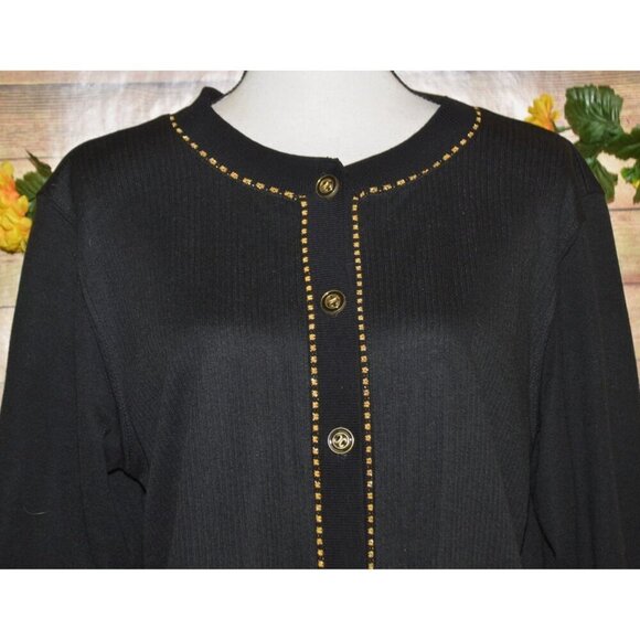 Vintage Cathy Daniels Black w/ Gold Trim Button Front Cardigan Sweater Ladies M - Picture 2 of 8